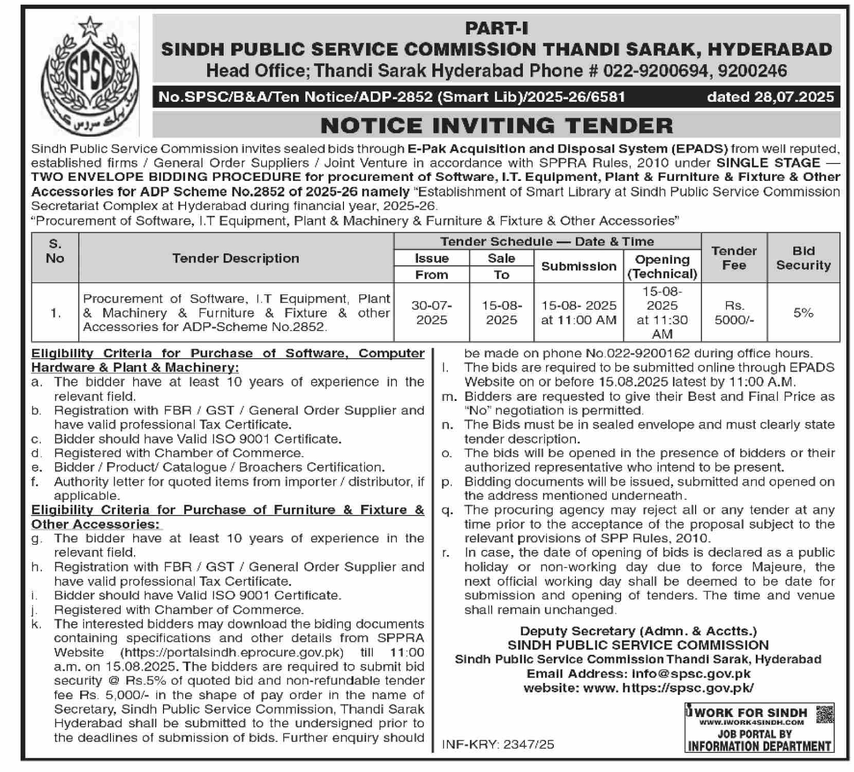 Sindh Public Service Commission Hyderabad Tender Notice